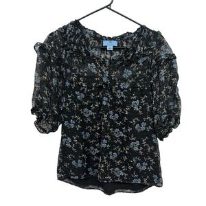 Floral Ruffle Puff Sleeve Blouse S Black Blue Cottagecore Romantic Indie‎
